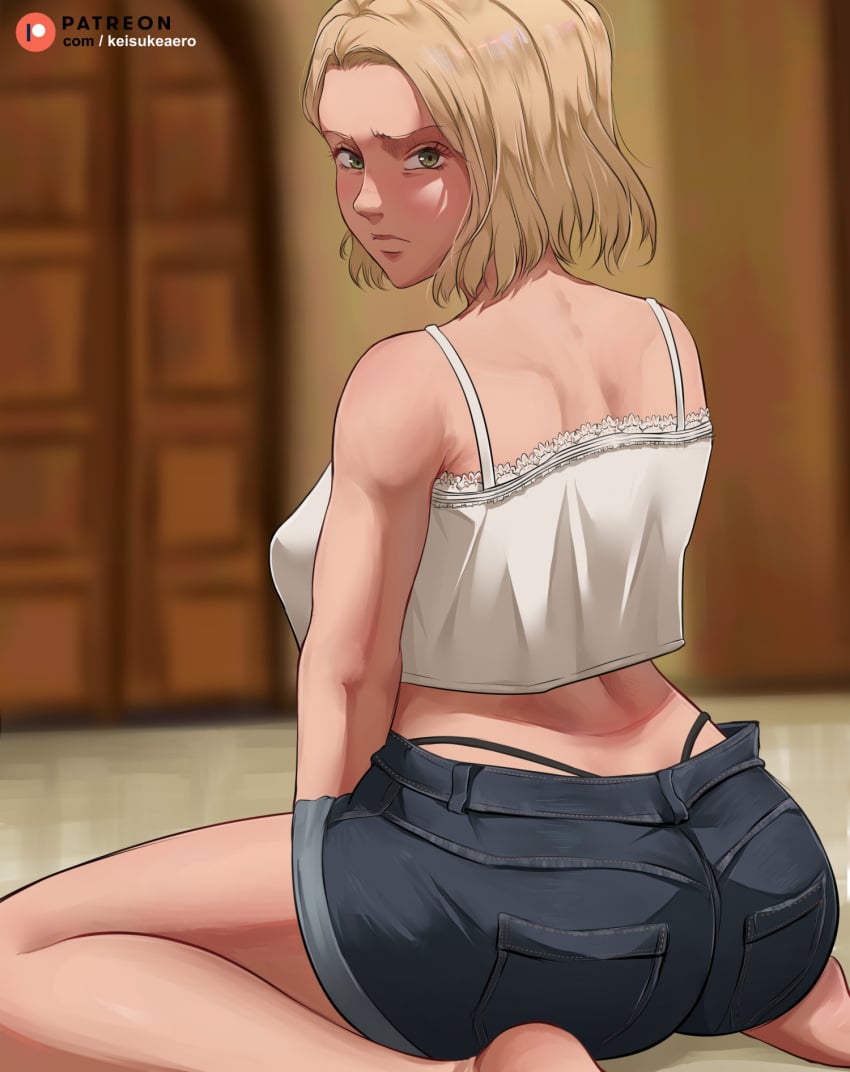 1girls ass attack_on_titan big_ass crop_top feet_out_of_frame female female_only grady_sands hitch_dreyse keisuke_aero looking_back shingeki_no_kyojin short_hair shorts thick_thighs thighs thong