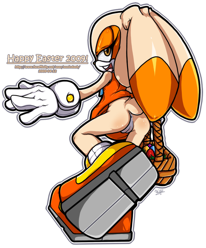 2009 alpha_channel anthro anus asshole bottomless bunny clothing cream_the_rabbit daniel_hermann dress easter easter_egg female furry genitals hi_res holidays lagomorph leporid mammal no_panties pussy pussy_blush rabbit sega simple_background solo sonic_(series) sonic_the_hedgehog_(series) sonicdash white_background young