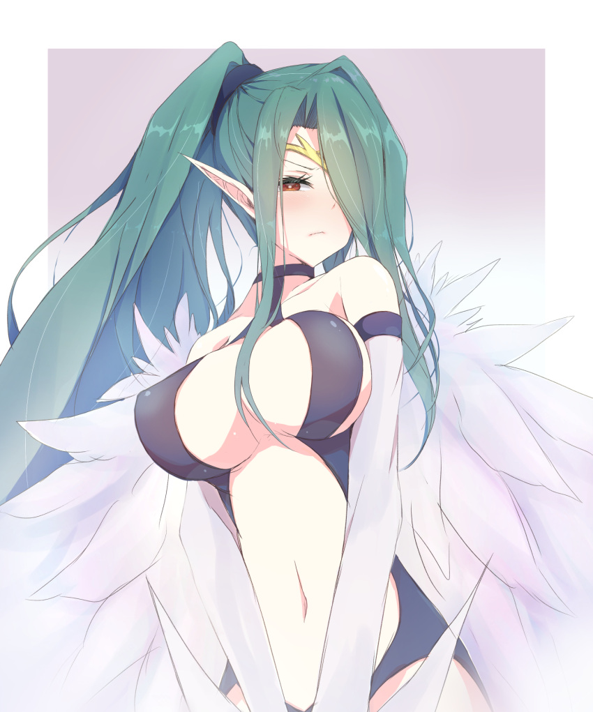 bare_shoulders breasts brown_eyes circlet cleavage commentary cowboy_shot duel_monster feathered_wings feathers female green_hair hair_over_one_eye harpie_queen harpy highres large_breasts long_hair monster_girl mosu_(korikan) navel pointy_ears ponytail revealing_clothes solo stomach winged_arms wings yu-gi-oh!