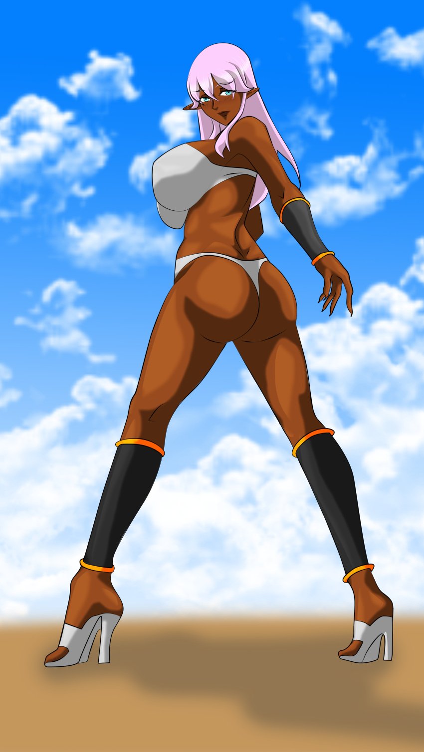 ass blue_eyes bracelet breasts cleavage dark-skinned_female dark_elf heels high_heels huge_ass lloth_(supernova) pink_hair sideboob skimpy supernova_(artist) viewed_from_behind