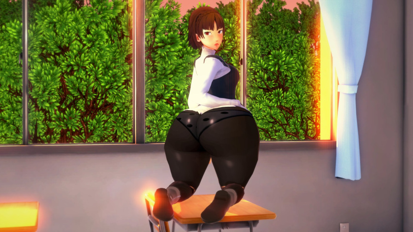 3d 3d_(artwork) background breasts classroom huge_ass looking_at_viewer looking_back makoto_niijima persona persona_5 presenting presenting_ass presenting_hindquarters see-through see-through_clothing tight_clothing tights unski113d wide_hips