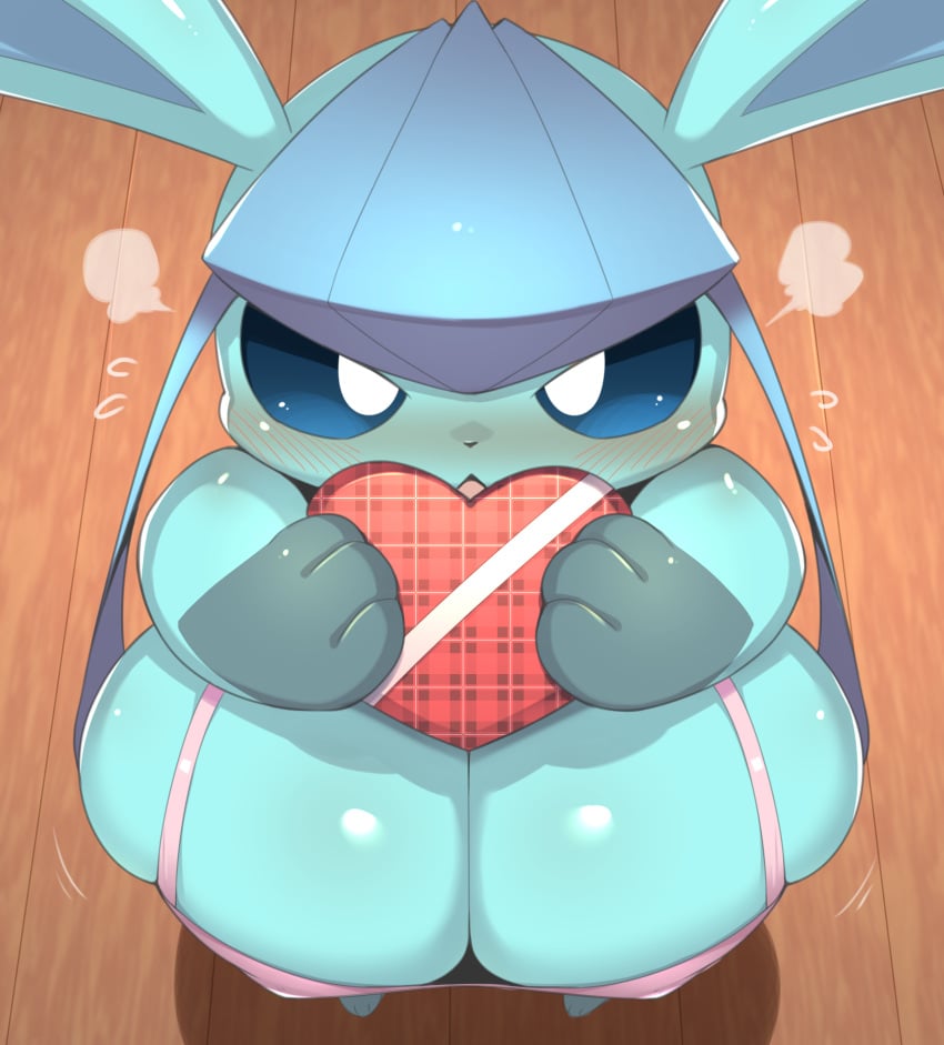 2021 anthro big_breasts blue_body blush blush_lines bodily_fluids breasts cleavage clothed clothing eeveelution female flying_sweatdrops glaceon glistening glistening_body gloves_(marking) green_body heart hi_res high-angle_view holding_object huge_breasts kemono looking_at_viewer markings nintendo nipple_outline obikuragetyan offering_to_viewer paws pokémon_(species) pokemon solo sweat sweatdrop topwear video_games