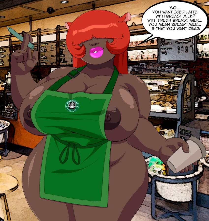 1girls apron apron_only areolae big_breasts big_lips big_lips_no_eyes breasts chipscolors cup dark_nipples dialogue english english_text eyes_covered female female_only green_apron hair huge_breasts i_mean_breast_milk iced_latte_with_breast_milk large_breasts lips lipstick long_hair luenartt mama_hilda_(chipscolors) mature mature_female mature_woman meme milf mother naked_apron nipples original original_character pink_lips pink_lipstick red_hair solo solo_female text thick_lips thick_thighs thighs