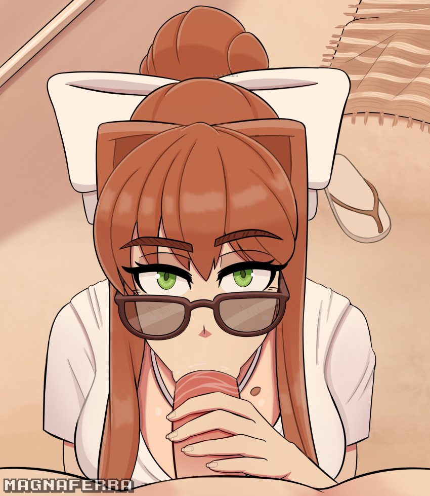 1boy 1girls beach blowjob blowjob_pov bow brown_hair doki_doki_literature_club glasses green_eyes hand_on_penis light-skinned_female light-skinned_male light_skin looking_at_viewer magna_ferra male_pov monika_(doki_doki_literature_club) penis ponytail pov pov_eye_contact saliva sand sandals sandals_removed shirt towel white_bow white_shirt