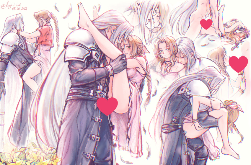 1boy aerith_gainsborough armor bangle bangs black_gloves black_jacket blush bracelet braid braided_ponytail brown_hair carrying carrying_person censored clothed_sex couple cowgirl_position cropped_jacket dress elena_ivlyushkina falling_feathers female final_fantasy final_fantasy_vii final_fantasy_vii_remake flower gloves grey_hair hair_ribbon heart heart_censor height_difference imminent_kiss jacket jewelry kay-i long_hair lying multiple_girls multiple_positions nude on_back open_mouth parted_bangs pink_dress pink_hair red_jacket ribbon sephiroth sex shoulder_armor sidelocks stand_and_carry_position standing_sex straight yellow_flower