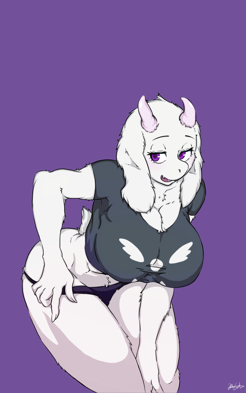 1girls big_breasts black_panties breasts goat goat_ears goat_girl goat_horns goat_tail horn long_ears milf panties purple_background purple_eyes rusal32 simple_background toby_fox toriel undertale undertale_(series)