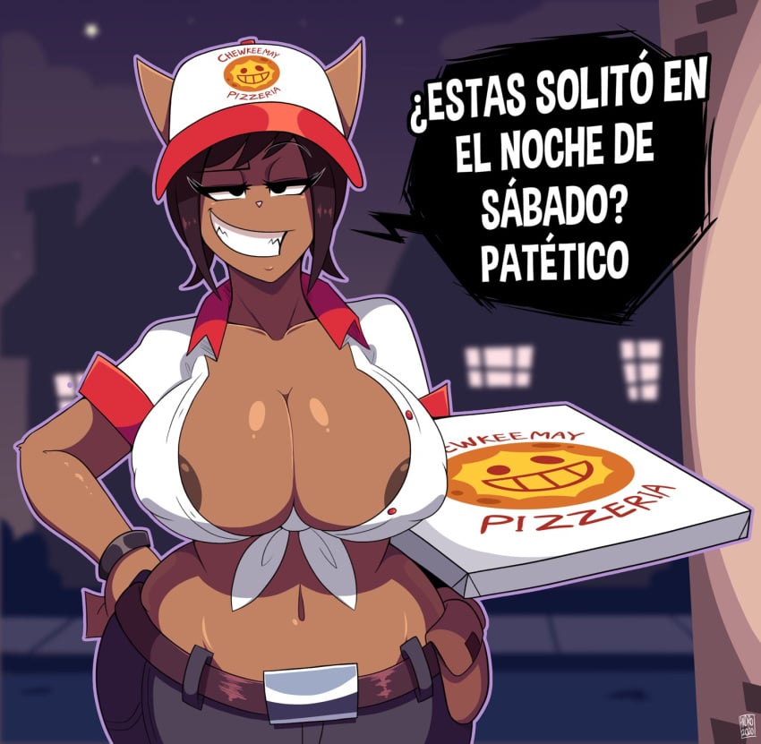 1girls androjuniarto anthro areolae breasts brown_hair cat_ears catgirl cleavage dark-skinned_female dark_nipples dark_skin felizza_(androjuniarto) female female_only hat huge_breasts insulting_viewer looking_at_viewer night nipple_slip pizza pizza_box pizza_delivery short_hair smiling_at_viewer spanish_text text text_bubble