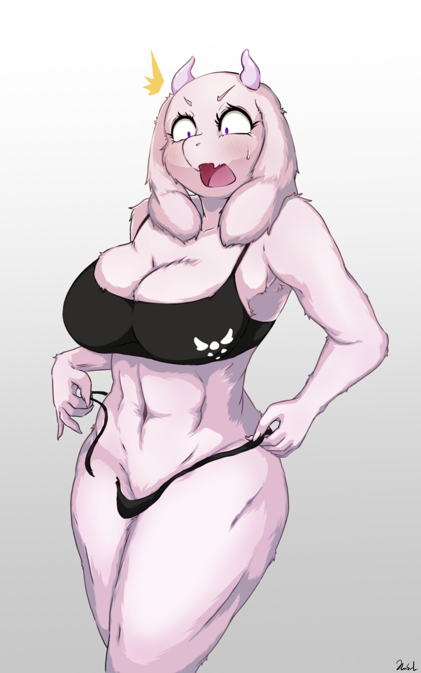 1girls big_breasts black_panties breasts goat goat_ears goat_girl goat_horns goat_tail horn huge_breast large_breasts long_ears massive_breasts milf navel open_mouth panties purple_eyes rusal32 thick_thighs toby_fox toriel undertale undertale_(series)