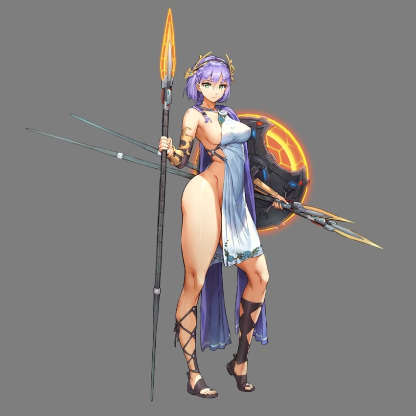 1girls atalanta_(last_origin) game_cg greek_clothes kakiman last_origin naked_under_clothes official_art purple_hair roman_clothing shield sole_female solo spear transparent_background