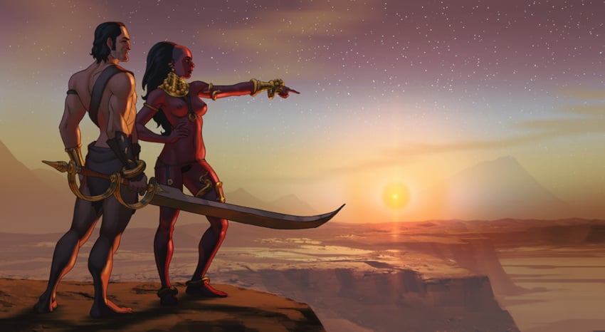 1boy a_princess_of_mars barsoom dejah_thoris desert female gold_jewelry john_carter literature matt_rhodes pointing sunset sword tribal