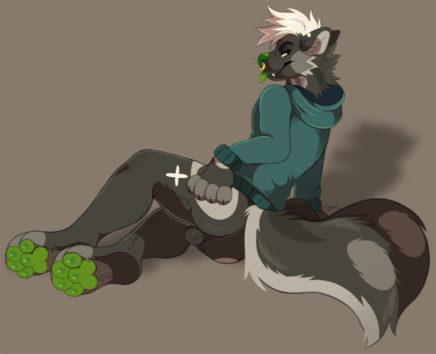 anthro ass balls big_tail blep blue_clothing blue_hoodie blue_topwear bottomless cheek_tuft clothed clothing dark_balls dark_body dark_fur ears_back facial_piercing facial_tuft fangs foot_tuft fur genitals glistening glistening_pawpads gold_ring green_nose green_pawpads green_tongue grey_balls grey_body grey_ears grey_fur grey_inner_ear grey_inner_ear_fluff grey_tail hair hoodie inner_ear_fluff looking_at_viewer lying male male_focus male_only male_solo markings neck_tuft nose_piercing nose_ring on_side partially_clothed pawpads piercing pivoted_ears presenting presenting_balls presenting_hindquarters princelykaden rear_view ring_piercing septum_piercing septum_ring shadow solo solo_male tongue tongue_out topwear tuft white_body white_ears white_fur white_hair white_markings