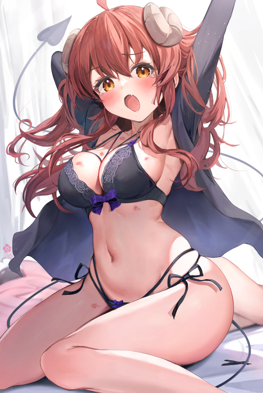 2girls arm_up bed_sheet black_bra blush bra breasts brown_eyes brown_hair chiyoda_momo demon demon_girl demon_horns demon_tail female hair_between_eyes hickey highres horns large_breasts long_hair long_sleeves machikado_mazoku multiple_girls navel oerba_yun_fang open_mouth pink_hair short_hair skin_fang solo_focus suzushi_moruto tail tears underwear yoshida_yuuko_(machikado_mazoku)