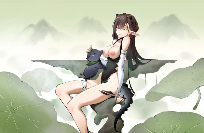 absurdres arknights arm_support baku_(creature) black_hair black_swimsuit blacknight_(arknights) blacknight_(summer_flowers)_(arknights) breast_sucking casual_one-piece_swimsuit clothes_pull creature detached_sleeves female fingernails flower ghosty green_nails highres inverted_nipples long_hair lotus mole_above_eye multicolored_hair nail_polish one-piece_swimsuit oripathy_lesion_(arknights) pointy_ears small_dom_big_sub smaller_male swimsuit swimsuit_pull thigh_strap zoophilia