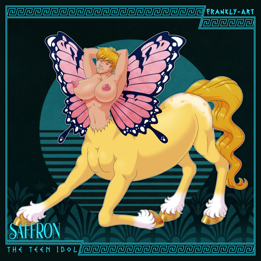 1boy abs arthropod beard blonde_hair breasts butterfly centaur equid equid_taur equine facial_hair fairy frankly-art gold_(metal) gold_hooves hair hi_res hooves humanoid humanoid_taur insects kneeling lepidopteran lepidopteran_wings male male_with_breasts mammal mammal_taur navel nipples pegasus pegasus_taur pholus_reborn pose presenting presenting_breasts saffron_(pholus_reborn) smile solo stretching stubble taur waist wings yellow_tail