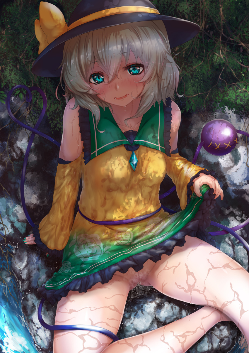 absurdres adapted_costume blush bow clothes_lift female frills green_eyes green_hair hat hat_ribbon heart heart_of_string highres koishi_komeiji no_panties outdoors pussy ribbon sitting skirt skirt_lift solo third_eye touhou tree wet yamataka