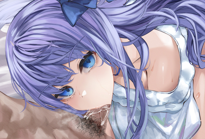 1boy bangs bare_shoulders blue_eyes blue_ribbon cum fate/grand_order fate_(series) fellatio female hair_ribbon highres looking_at_viewer male_pubic_hair meltryllis_(fate) meltryllis_(swimsuit_lancer)_(fate) oral penis pubic_hair purple_hair ribbon suujiniku sweat uncensored