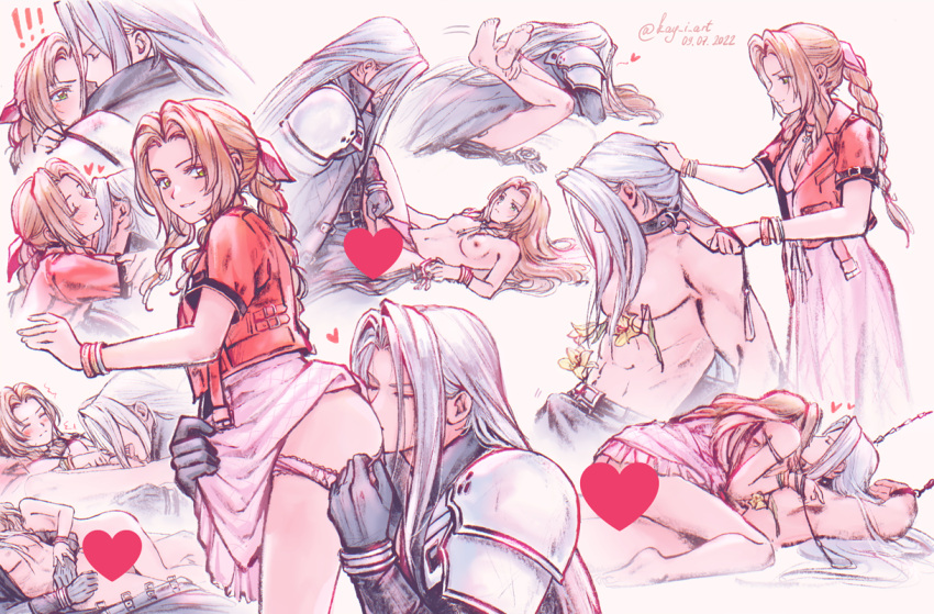 1boy 1girls aerith_gainsborough armor bangle bangs black_gloves black_jacket bracelet braid braided_ponytail breasts brown_hair censored closed_eyes clothed_sex collar cowgirl_position cropped_jacket cuffs dress elena_ivlyushkina female female_on_top final_fantasy final_fantasy_vii final_fantasy_vii_remake flower gloves green_eyes grey_hair hair_down hair_ribbon handcuffs hands_tied heart heart_censor height_difference jacket jewelry kay-i kissing_ass leash long_hair looking_back medium_breasts multiple_positions multiple_views nude oral panties panty_pull parted_bangs pink_dress pink_ribbon pulling_panties red_jacket restrained ribbon sephiroth sex short_sleeves shoulder_armor sidelocks straight topless topless_male underwear yellow_flower