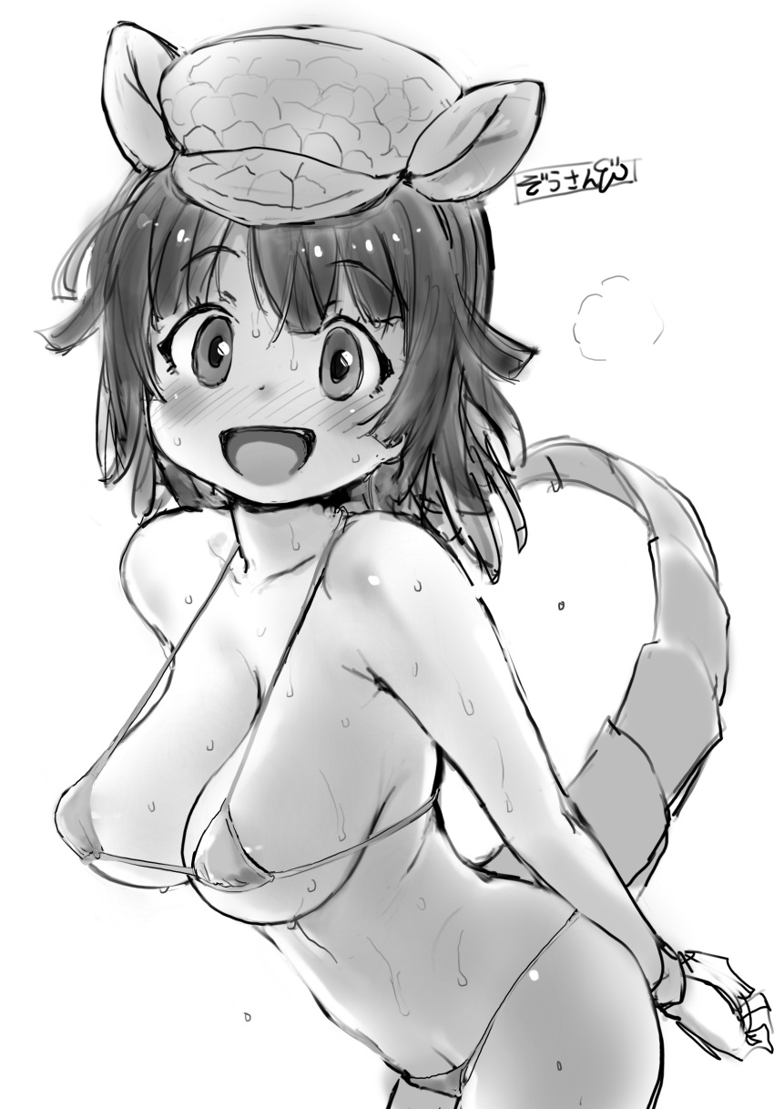 animal_ears armadillo_ears armadillo_tail bare_legs beret bikini black_hair blush breasts clavicle clothing cowboy_shot dot_nose female female female_only giant_armadillo_(kemono_friends) gloves happy hat headwear high_resolution kemono_friends legs looking_at_viewer masuyama_ryou medium_breasts medium_hair monochrome open_mouth pantsu simple_background smile solo string_bikini string_panties swimsuit underwear wet white_background