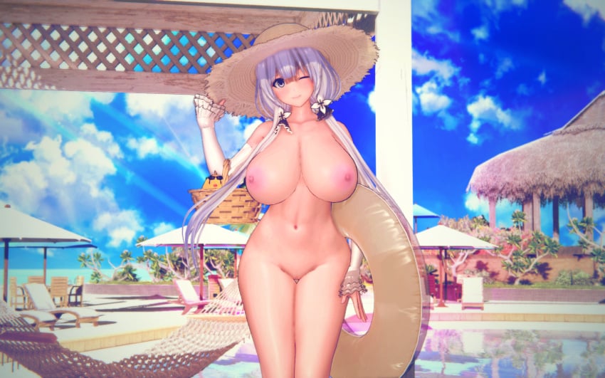 3d azur_lane basket blue_eyes blue_sky breasts cloud completely_nude cowboy_shot elbow_gloves female gloves hair_ribbon hammock hat highres holding holding_basket huge_breasts illustrious_(azur_lane) innertube koikatsu_(medium) lusyer manjuu_(azur_lane) navel nipples nude ocean one_eye_closed palm_tree patio_chair patio_umbrella pussy ribbon sky solo straw_hat sun_hat tree tress_ribbon uncensored white_gloves white_hair