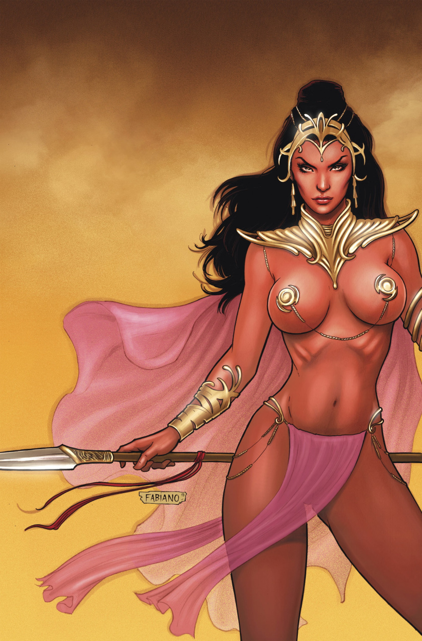 1girls a_princess_of_mars armlet barsoom black_hair bracelet brown_eyes cape dejah_thoris fabiano_neves fit_female gold_pasties headdress holding_spear holding_weapon hourglass_figure jewelry john_carter_of_mars large_breasts loincloth long_hair martian official_art pasties rings royalty shoulder_armor spear thick_thighs voluptuous