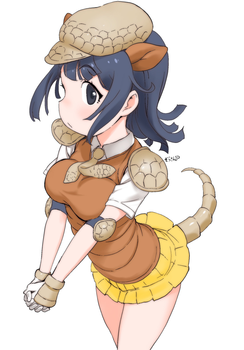 animal_ears armadillo_ears armadillo_tail arms_framing_breasts bare_legs beret black_hair breasts closed_mouth clothing collared_shirt cowboy_shot elbow_pads female female_only female_solo framing_breasts giant_armadillo_(kemono_friends) gloves hands_together hat headwear high_resolution kemono_friends legs looking_at_viewer masuyama_ryou medium_breasts medium_hair necktie own_hands_together shirt short_sleeves shoulder_pads simple_background skirt solo v_arms vest white_background yellow_skirt