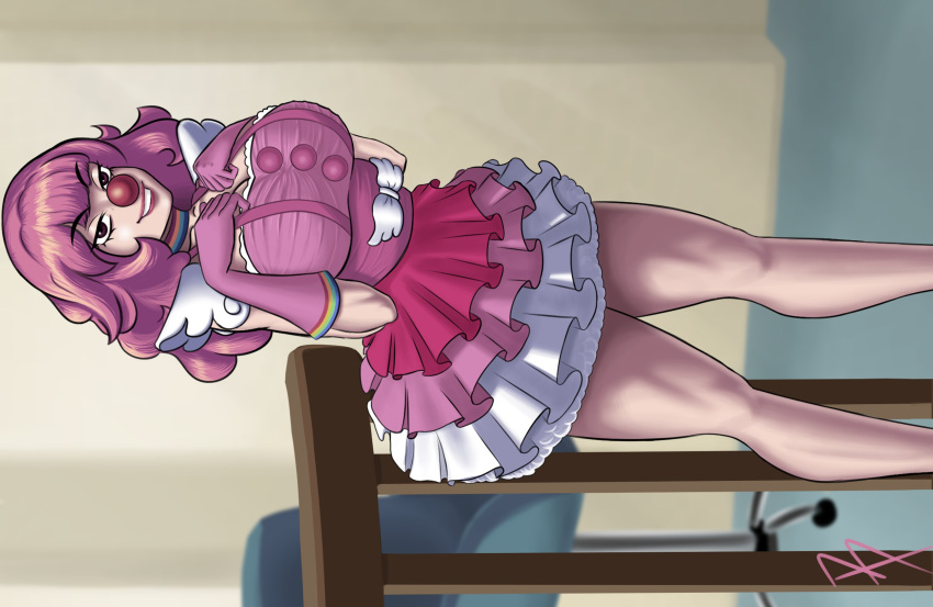 bare_legs bare_thighs big_breasts chocoflan clown clown_girl clown_nose female female_only geiru_toneido gyakuten_saiban pink_hair smile solo