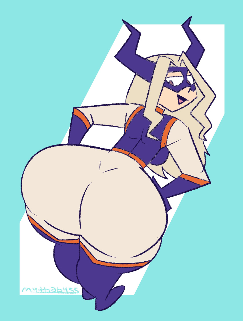 ass bent_over big_ass blonde_hair bubble_butt clothing costume dat_ass female female_only hands_on_hips huge_ass looking_back mask mount_lady my_hero_academia mythabyss smile smug solo thick_thighs wide_hips yuu_takeyama