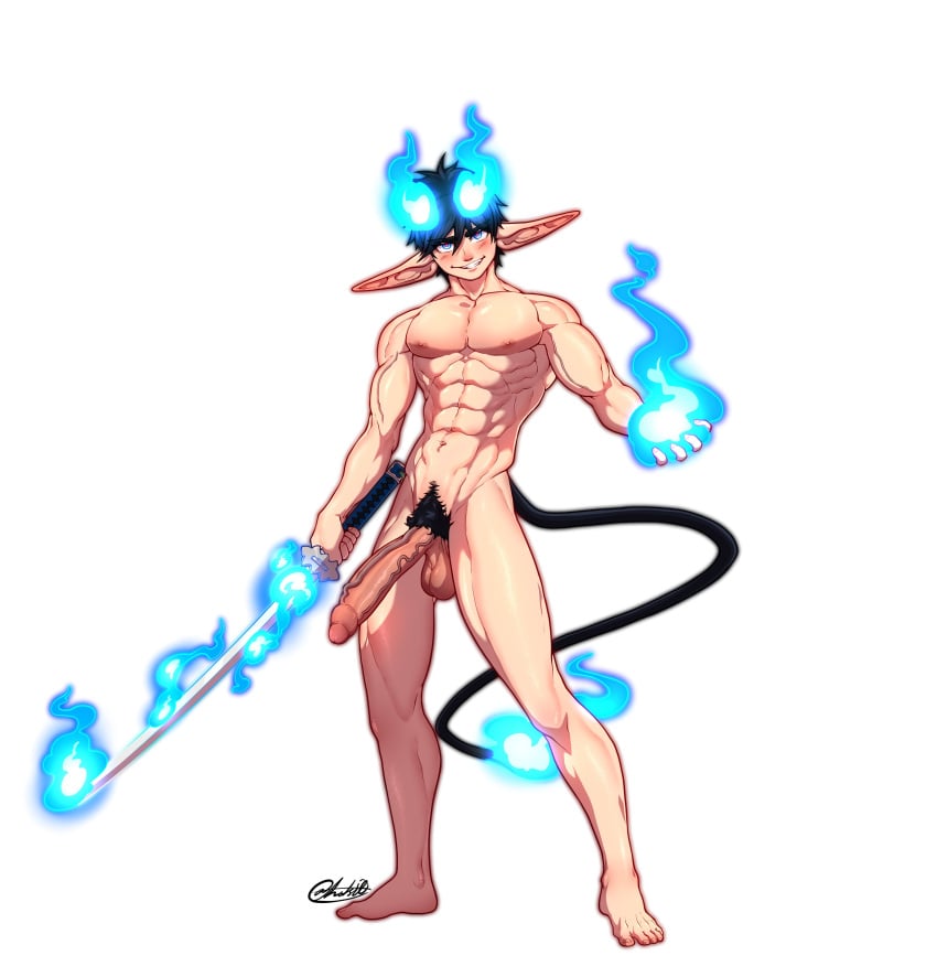 adonis_belt aged_up ao_no_exorcist areolae belly_button bishonen black_hair black_pubes black_pubic_hair blue_eyes blue_fire blue_flame blue_flames completely_naked completely_naked_male completely_nude completely_nude_male demon_boy demon_tail full_body full_color hi_res holding_fireball holding_sword holding_weapon katana lake_side_nsfw large_chest large_penis long_ears long_penis male male_only muscular_male naked nipples no_background nude okumura_rin penis pointy_ears pubic_hair six_pack smiling tagme tail testicles uncensored uncircumcised