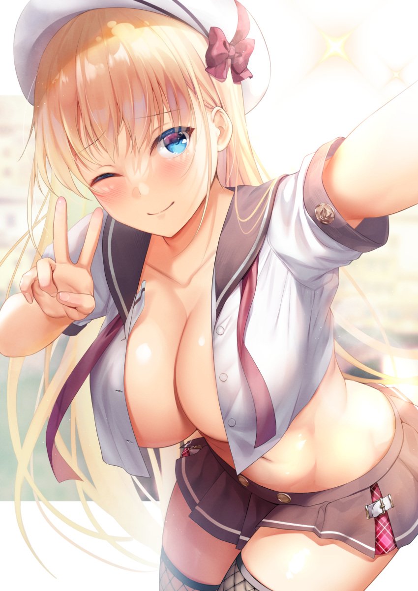 1girls big_breasts blonde_hair blue_eyes breasts cleavage female hat large_breasts long_hair open_clothes peace_sign selfie skirt smile solo yomogi_mametaro