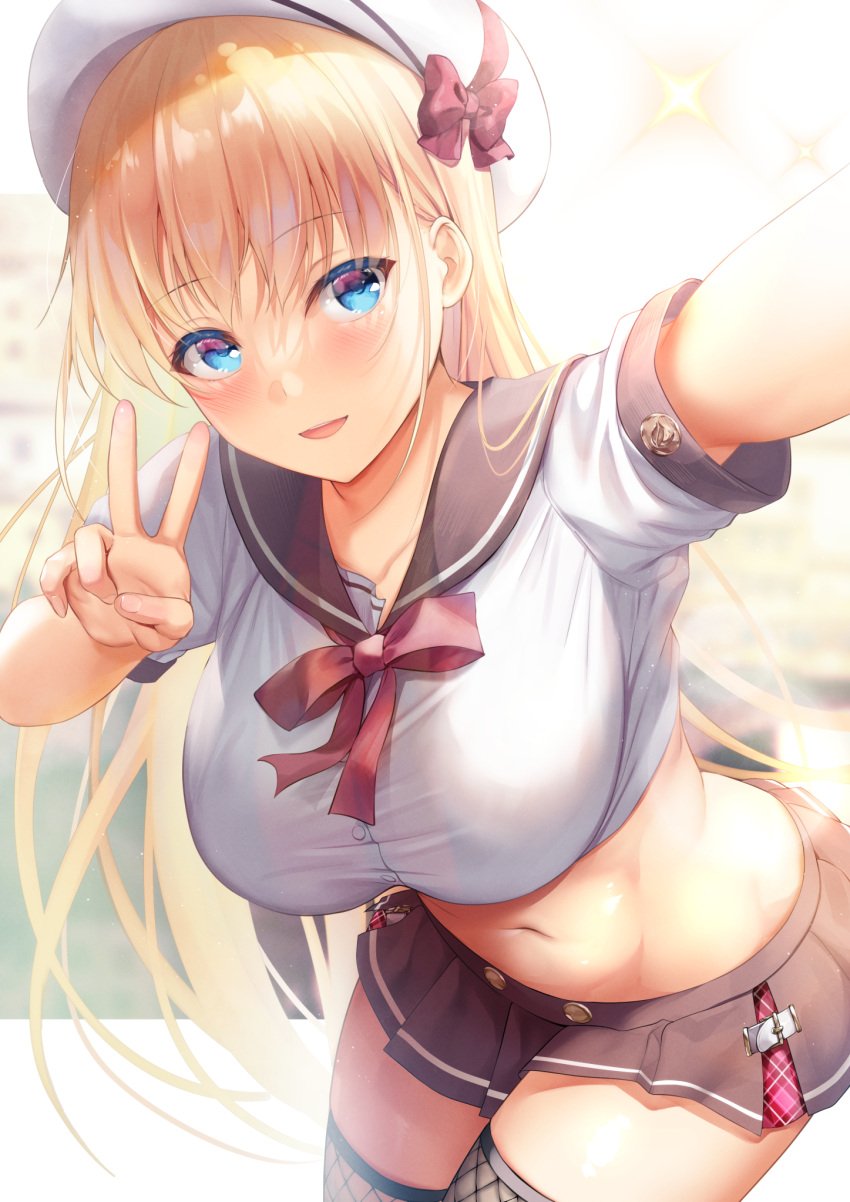 1girls big_breasts blonde_hair blue_eyes breasts female hat large_breasts long_hair original peace_sign selfie skirt smile solo yomogi_mametaro