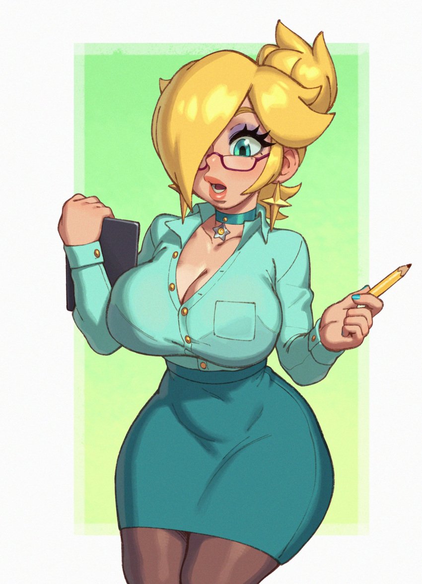 1girls bad_id bad_twitter_id big_breasts bimbo blonde blonde_female blonde_hair blouse blue_eyes breasts button_down_shirt choker cleavage clothed clothed_female clothing collar curvy curvy_figure earrings eyelashes eyeliner eyeshadow female female_focus female_only glasses hair_bun hair_over_one_eye holding_object human human_only humanoid large_breasts light-skinned_female light_skin lingerie lipstick long_sleeves makeup mario_(series) nail_polish nintendo office_lady pale-skinned_female pale_skin pantyhose princess_rosalina purple_eyeshadow rizdraws sfw shiny_hair shirt simple_background skirt solo solo_female thick voluptuous wide_hips year_request