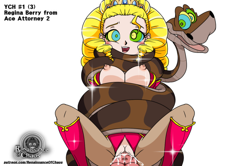 blonde_hair blush breasts double_vaginal female gyakuten_saiban hypnosis kaa kaa_eyes male nipples regina_berry renaissanceofchaos restrained sex snake snake_penis the_jungle_book torn_clothes vaginal_penetration zoophilia