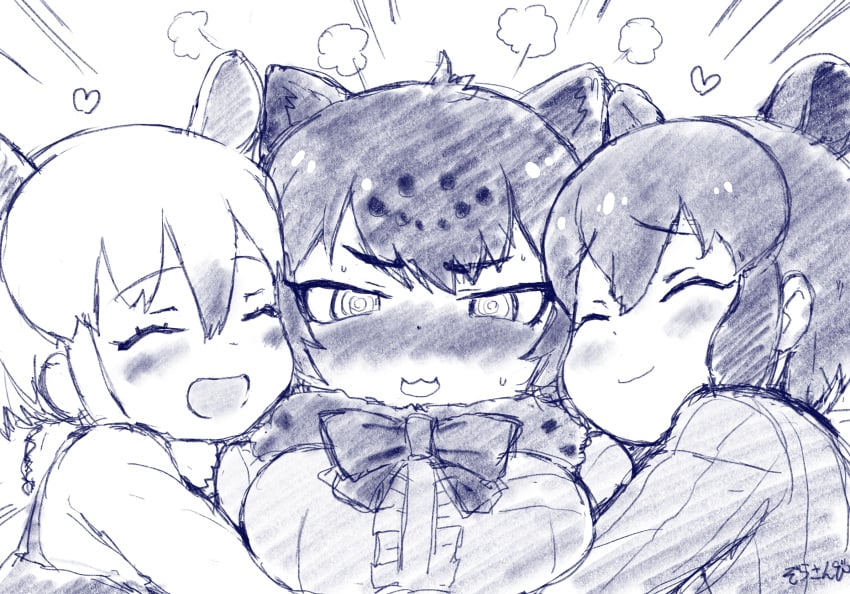 3girls :3 @_@ animal_ears black_jaguar_(kemono_friends) blush bow closed_eyes embarrassed embracing extra_ears eyebrows_visible_through_hair female flustered framing_breasts friends fur_collar happy high_resolution hug kemono_friends kemono_friends_3 malayan_tapir_(kemono_friends) masuyama_ryou multiple_girls smile southern_tamandua_(kemono_friends) spiral_eyes sweatdrop