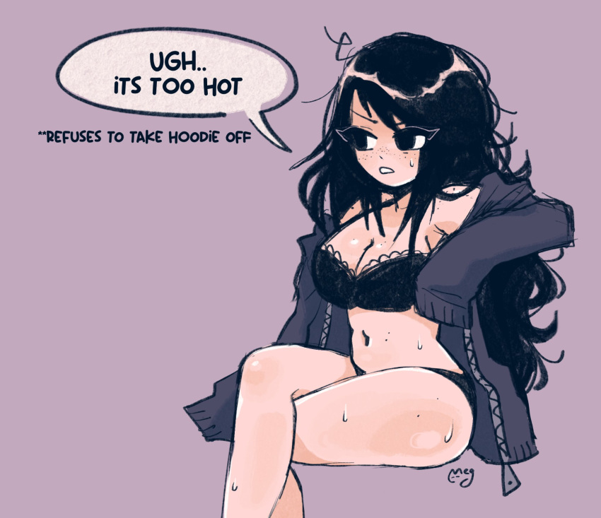 1girls annoyed artist_self-insert artist_signature black_bra black_eyes black_hair black_panties bra breasts cleavage clothing crossed_legs female female_only freckles frown heat_(temperature) hoodie legs_together long_hair looking_away matching_underwear meg_(megrocks) megrocks messy_hair navel off_shoulder panties plain_background sitting solo speech_bubble sweat text underwear wide_hips