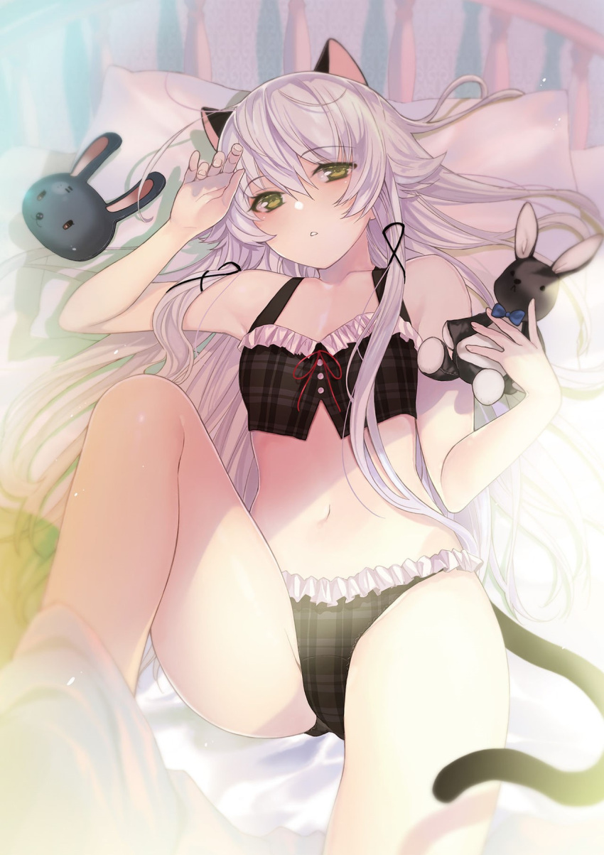 1girls altina_orion arms_up artist_request bare_legs bare_shoulders bed bed_sheet bedroom bedsheets belly belly_button blanket blush breasts bulge buttons cat_ears cat_tail catgirl collarbone eiyuu_densetsu eyebrows eyebrows_visible_through_hair female female_focus female_only frilled_bra frilled_panties frills green_eyes hair_between_eyes hair_ornament laying laying_down laying_on_back laying_on_bed leg_up legs legs_apart long_hair looking_at_viewer lying lying_down lying_on_back lying_on_bed midriff navel official_art on_back on_bed panties pillow plaid plushie pussy_bulge sen_no_kiseki sheets silver_hair small_breasts solo solo_female solo_focus spread_legs stuffed_animal stuffed_toy tail thighs trails_of_cold_steel underwear white_hair