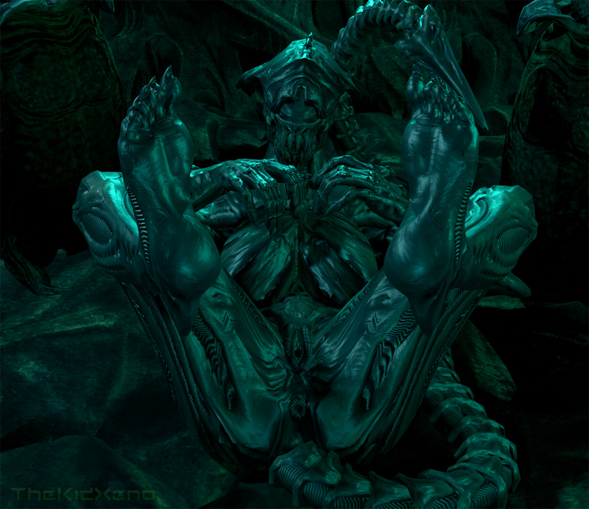 2020 3d_(artwork) 5_fingers alien alien_(franchise) anus big_breasts black_body breasts claws detailed_background digital_media_(artwork) excella eyeless fangs featureless_breasts female female_xenomorph fingers genitals hi_res humanoid humanoid_hands looking_at_viewer lying muscular muscular_female no_nipples non-mammal_breasts nude open_mouth pussy sharp_teeth solo teeth teratophilia thekidxeno thick_thighs wide_hips xenomorph