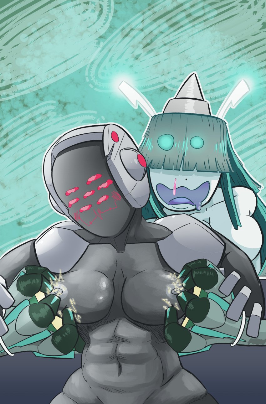 2girls abdomen anthena aqua_eyes aqua_hair big_breasts big_woman breasts celesteela cone electric_shock electricity electrostimulation exposed_breasts eyes_visible_through_hair faceless faceless_anthro faceless_female female female_on_female female_only floating_hands golem grabbing grabbing_breasts grabbing_from_behind grey_skin headphones hourglass_figure humanoid large_breasts mechanical metallic_body multi_eye muscular muscular_female naked_female nipples nsft pervert pleasure_face pleasured pokemon red_eyes regi regi_trio registeel robot robot_girl robotic screw_nipples shocked teasing teasing_nipple video_games white_skin yuri