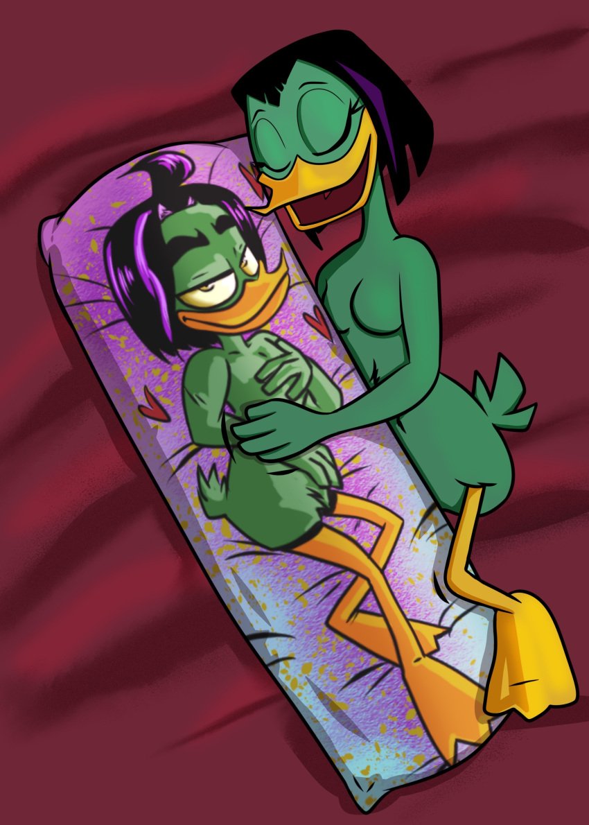 1girls anthro bed black_hair body_pillow closed_eyes duck ducktales ducktales_(2017) durdevul feathers featureless_breasts female_only green green_skin happy incest indirect_incest_(lore) love_pillow lying magica_de_spell no_nipples on_bed on_side open_mouth pillow poe_de_spell short_hair solo tail