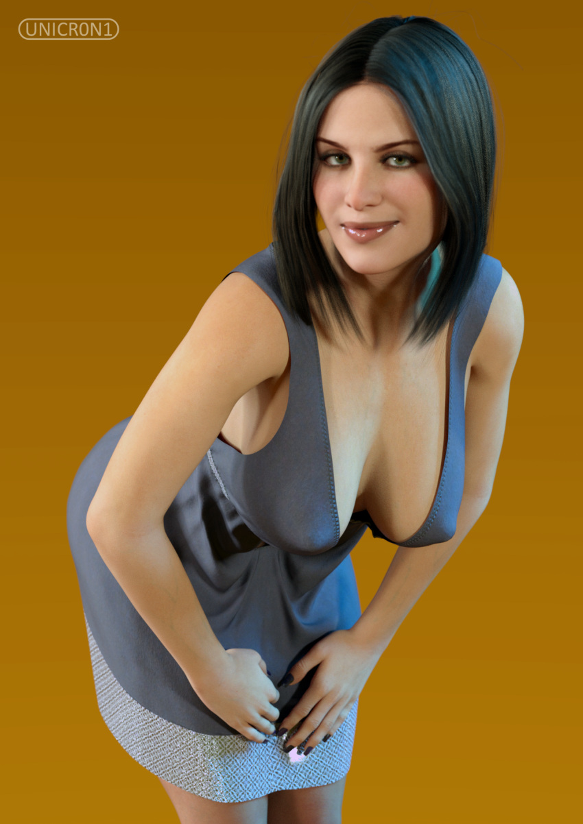 1girls 2022 3d bent_over black_hair cleavage clothed clothing dress female female_only large_breasts looking_at_viewer nipple_bulge nipples_visible_through_clothing slushe_(website) solid_color_background solo solo_female standing unicr0n1 yellow_background