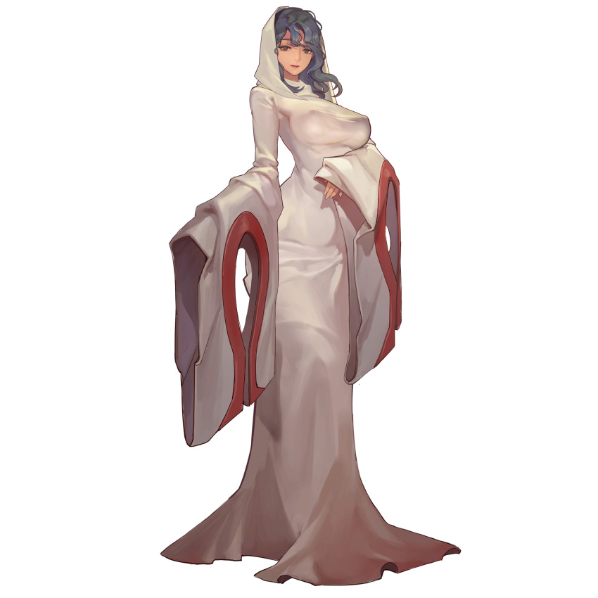 black_hair breasts brown_eyes covered_nipples curvy eva_(last_origin) female full_body game_cg highres hood large_breasts last_origin long_hair long_sleeves looking_at_viewer narrow_waist nipples robe rorobomb sleeves_past_wrists smile solo tachi-e transparent_background wavy_hair wide_hips wide_sleeves