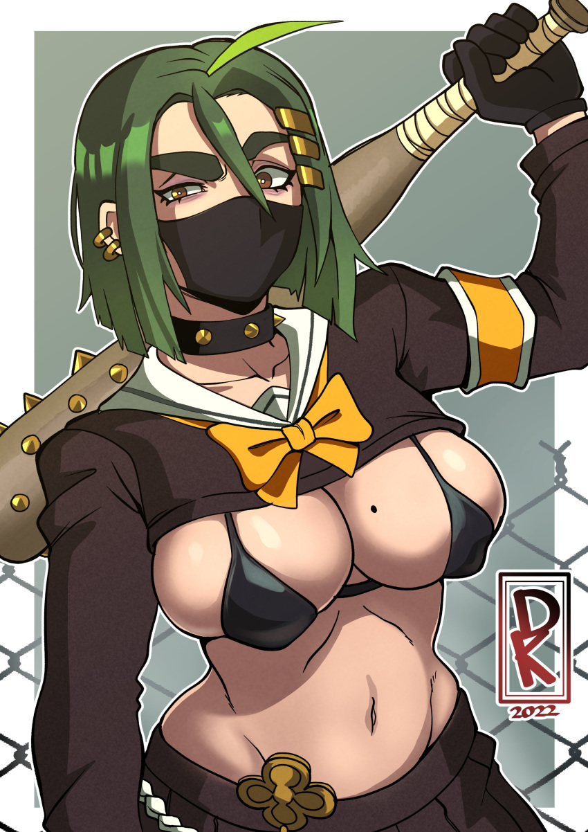 2022 ahoge annoyed baseball_bat bat black_bra borrowed_character bra breasts brown_eyes collar dk_stuff ear_piercing face_mask green_hair large_breasts looking_at_viewer mask midori_(rizdraws) mole mole_on_breast navel original piercing short_hair skirt spiked_collar standing tagme uniform weapon