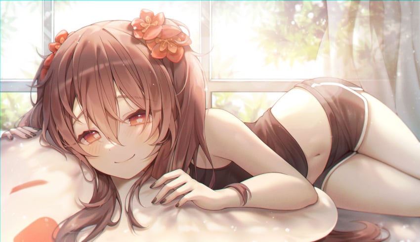 1girls ass bangs bare_shoulders bed bed_sheet bedroom bedsheets black_nails black_shorts black_tank_top blush blushing_at_viewer brown_hair female female_focus female_only flower flower_in_hair flower_shaped_pupils flowers genshin_impact hair_ornament hu_tao_(genshin_impact) legs long_hair looking_at_viewer midriff nail_polish nails on_bed on_stomach pillow pillow_grab red_eyes sheets shorts smile smiling smiling_at_viewer solo solo_female solo_focus symbol-shaped_pupils tank_top