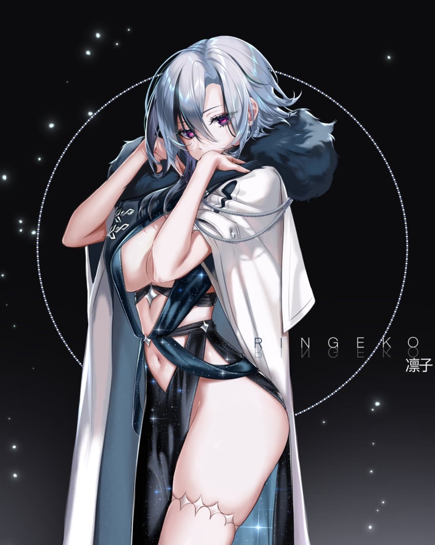 arlecchino_(genshin_impact) belly belly_button big_breasts black_striped_hair breasts genshin_impact goth goth_girl gothic large_breasts revealing_clothes ringeko_chan thick thick_legs thick_thighs thighs tummy white_hair