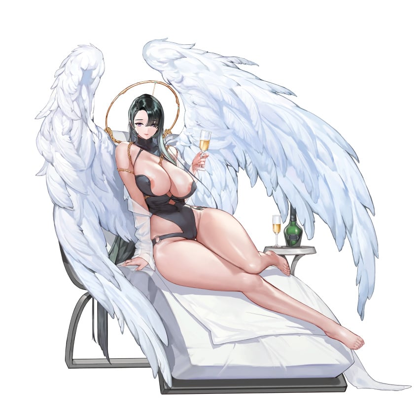 angel_wings areola_slip areolae azazel_(last_origin) bangs barefoot breasts champagne_flute cleavage cup dark_green_hair drinking_glass female full_body game_cg highres huge_breasts last_origin long_hair one-piece_swimsuit rorobomb solo swimsuit tachi-e transparent_background wings