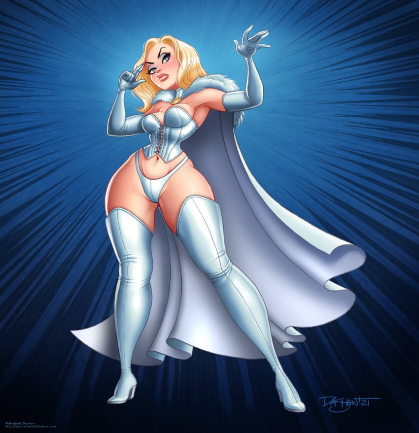 1girls blonde_hair cape clothed clothing emma_frost eyeshadow female female_only fur high_heel_boots hourglass_figure lipstick makeup marvel marvel_comics michael_dashow mutant navel white_cape white_clothing white_corset white_queen x-men