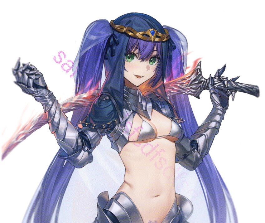 armor bare_midriff bikini bikini_armor blue_hair crown dancer_of_the_boreal_valley dark_souls dark_souls_3 female female_only fromsoftware gauntlets gold_(metal) green_eyes habit long_hair looking_at_viewer purple_hair qiongsheng silver_bikini small_breasts smile solo sword tiara twintails underboob veil weapon