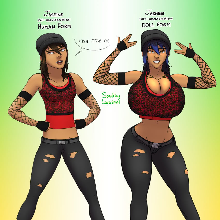 2021 before_and_after black_hair blue_highlights jasmine_(sparklinglava) sexdoll sexdoll_girl sexdoll_tf sparklinglava tagme text torn_legwear