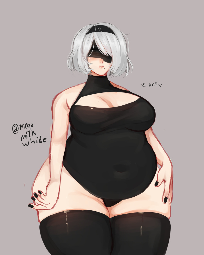 1girls bbw belly big_belly big_breasts blindfold breasts chubby clothed clothing fat female female_only grey_background hairband light-skinned_female light_skin megamilkwhite nier nier:_automata overweight short_hair solo solo_female standing thick_thighs thighhighs thunder_thighs white_hair yorha_2b