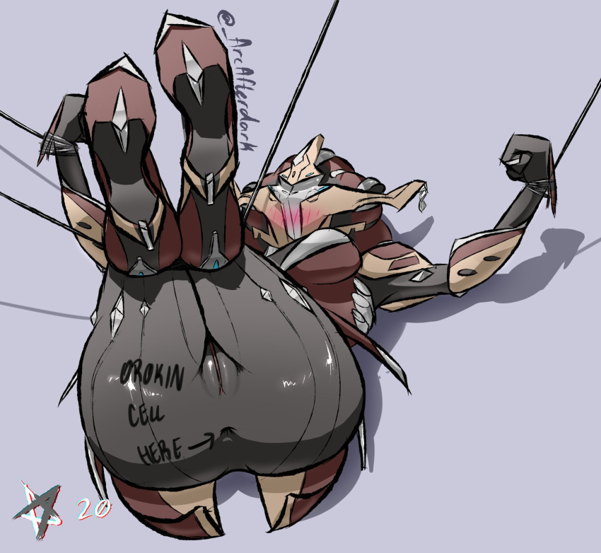 anus arcafterdark artist_name ass ass_focus blush body_writing bondage bound bound_knees breasts clenched_hands colored_skin female grey_skin high_heels highres khora_(warframe) legs_folded legs_together lying no_humans on_back presenting pussy simple_background solo warframe