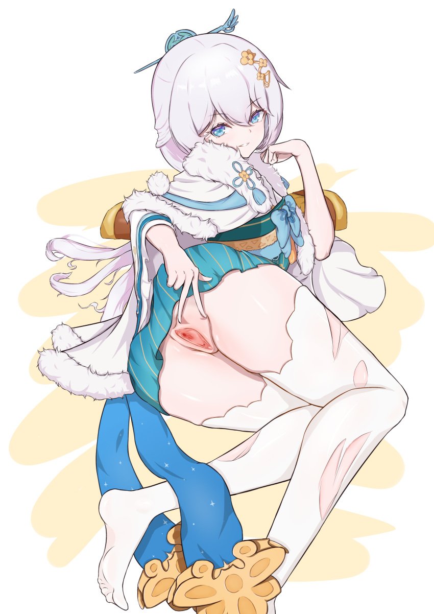 :d absurdres bangs blue_eyes chinese_clothes female hair_ornament highres honkai_(series) honkai_impact_3rd long_hair long_sleeves looking_at_viewer lying no_panties on_side open_mouth pussy smile soles solo spread_pussy takiha teeth theresa_apocalypse theresa_apocalypse_(starlit_astrologos) thighhighs toes torn_clothes torn_legwear white_background white_hair white_thighhighs zhuge_kongming_(honkai_impact)